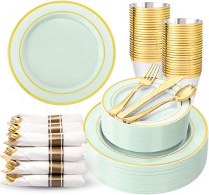 350PCS Green Plates Disposable - Sage Green Plastic Plates 50Guests Plastic Dinnerware with Rolled Napkins for Party/Birthday/Spring