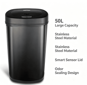 50L Matte Black Stainless Steel Automatic Sensor Trash Can, Touchless Motion Activated Garbage Bin with Sealed Lid
