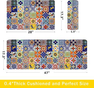 Boho Kitchen Rugs Set 2 Pieces Memory Foam Colorful Ceramic Comfort Tile Floor Mat Anti Fatigue Non-Skid PVC Runner Rug Water & Oil Proof Carpet for K