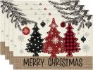 Red Pine Trees Balls Merry Christmas Placemats Set of 4, 12x18 Inch Winter Xmas Table Mats for Party Kitchen Dining Decoration