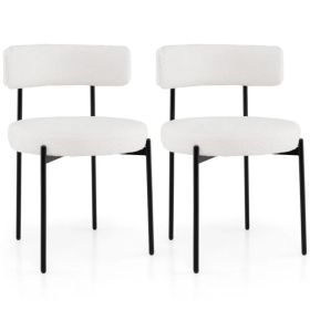 2 PCS White Sherpa Upholstered Dining Chair, Ergonomic Curved Backrest & Wide Round Seat
