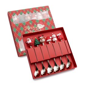 6pcs /Pack Christmas Cartoon Doll Stainless Steel Tableware (Options: Spoon+Red Box, Color: Silver)