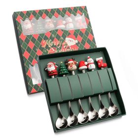 6pcs /Pack Christmas Cartoon Doll Stainless Steel Tableware (Options: Spoon+Green Box, Color: Silver)