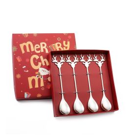 4pcs /Pack Christmas Deer Stirring Spoon Coffee Dessert Scoop (Color: Silver, Type: Gadgets)