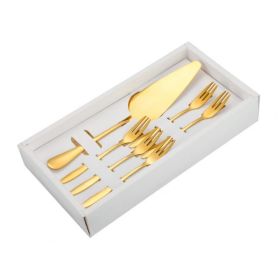 6pcs/set Cake Knife And Fork Set for Household & Commerial (Color: Gold, Type: With 3-tine Forks)