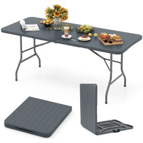 6 Feet Folding Table with Wood Grain HDPE Tabletop and Safe Lock Mechanism (Color: gray)