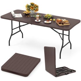6 Feet Folding Table with Wood Grain HDPE Tabletop and Safe Lock Mechanism (Color: Brown)