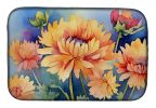 Chrysanthemums in Watercolor Dish Drying Mat Absorbent Dish Drying Mat Pad for Kitchen Counter Dish Drainer Mat for Countertop, 14 x 21", Multicolor